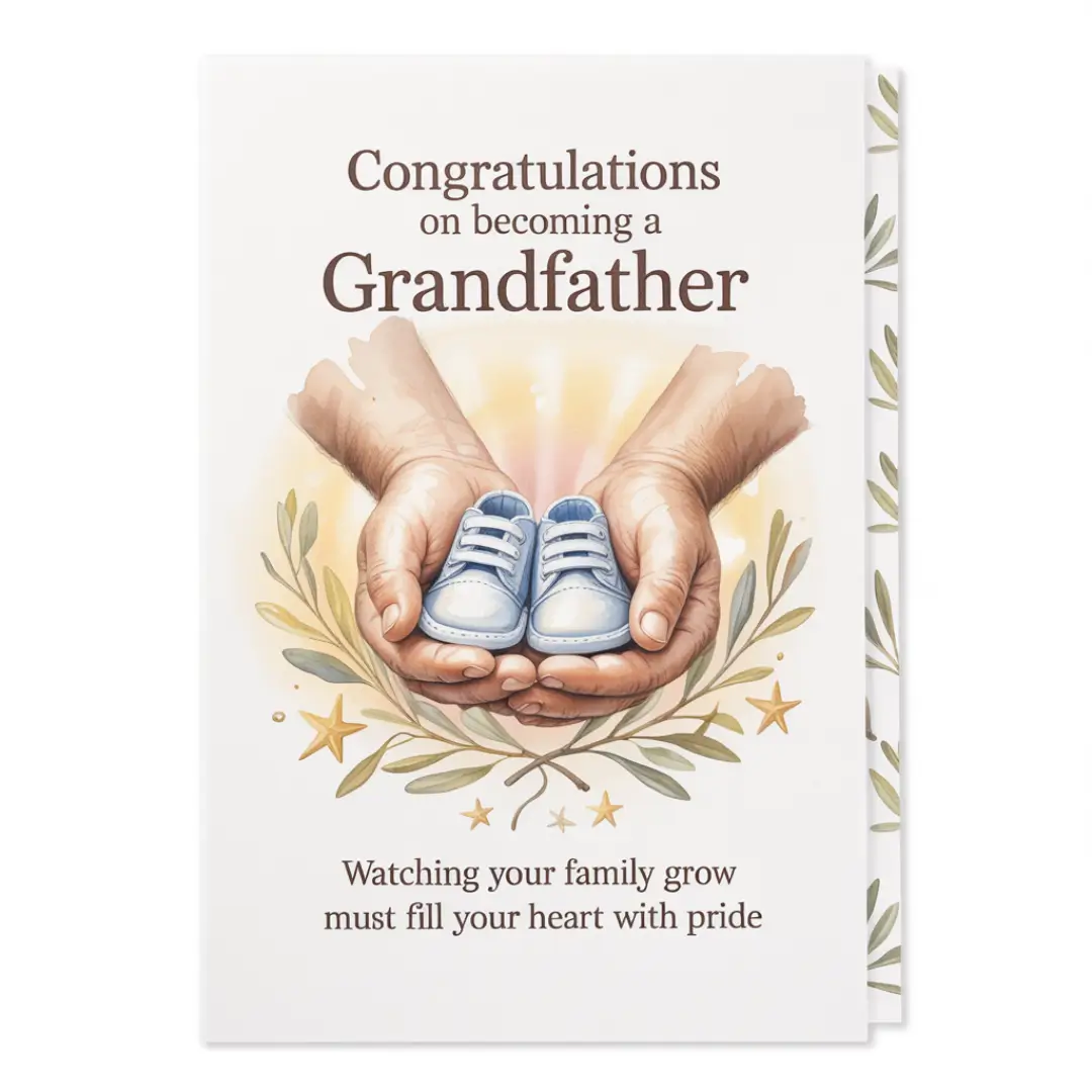 Greeting card with "Congratulations on becoming a Grandfather." Image of hands holding baby shoes, surrounded by leaves and stars, conveying pride.