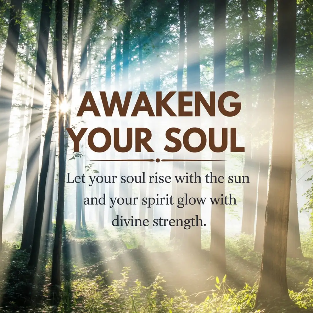 Sunlight filters through a serene forest of tall trees. Text reads, "AWAKENING YOUR SOUL. Let your soul rise with the sun and your spirit glow with divine strength."