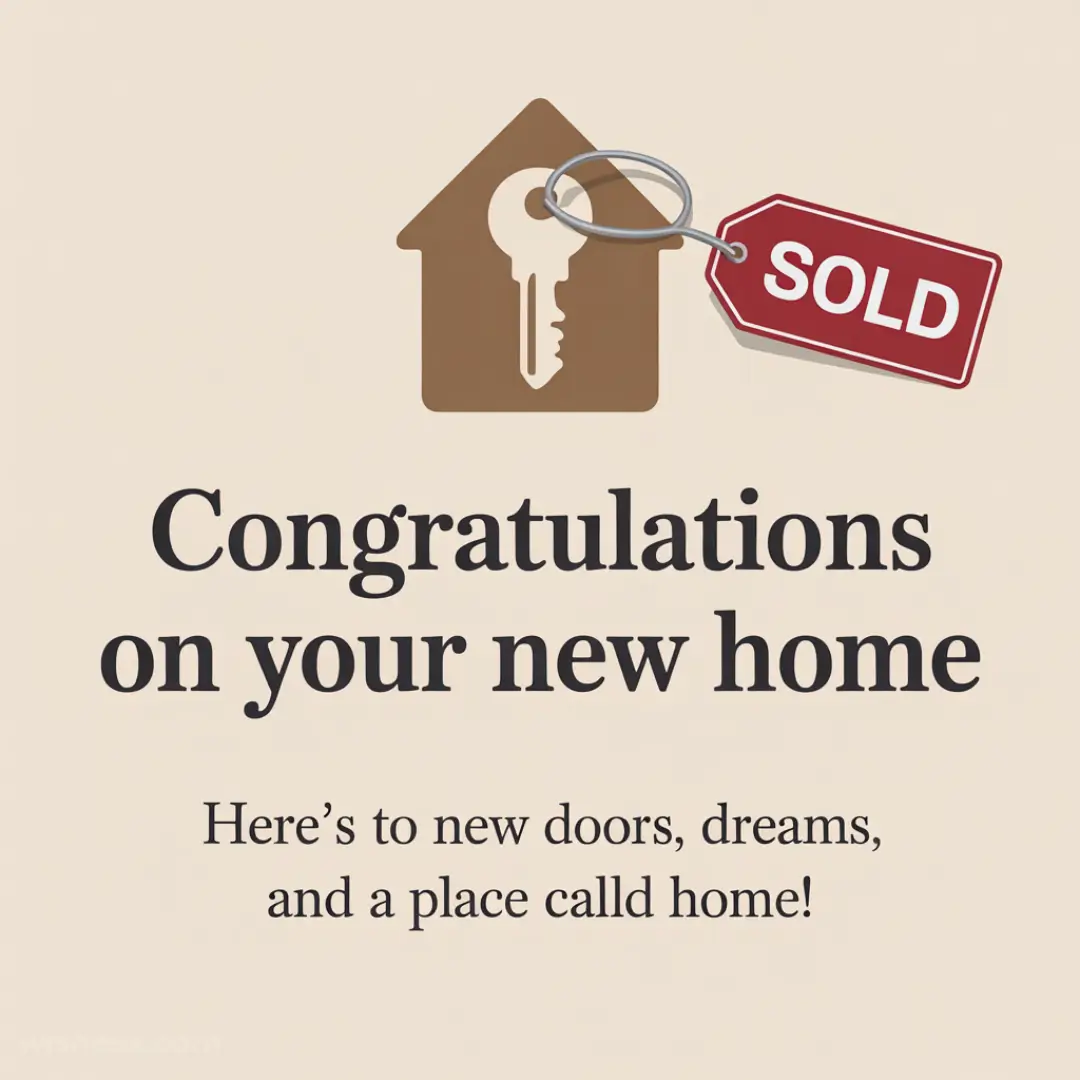 Illustration of a key inside a house shape with a red "SOLD" tag. Text reads: "Congratulations on your new home. Here’s to new doors, dreams, and a place called home!"