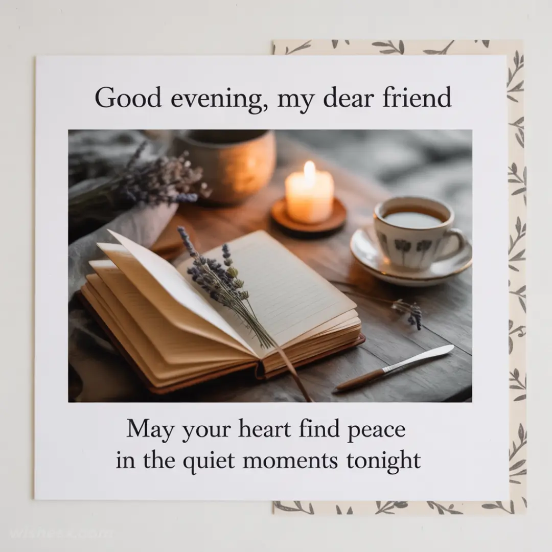 A cozy scene with an open journal and sprig of lavender on a table, a lit candle, and a cup of coffee, conveying warmth and tranquility. Text reads: "Good evening, my dear friend. May your heart find peace in the quiet moments tonight."