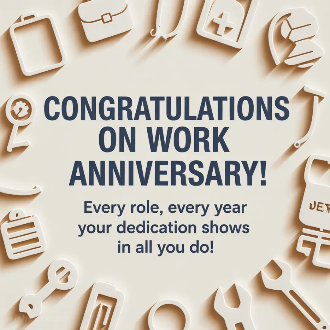 Celebratory image with "Congratulations on Work Anniversary!" text, surrounded by icons of a suitcase, stethoscope, and tools, conveying appreciation.