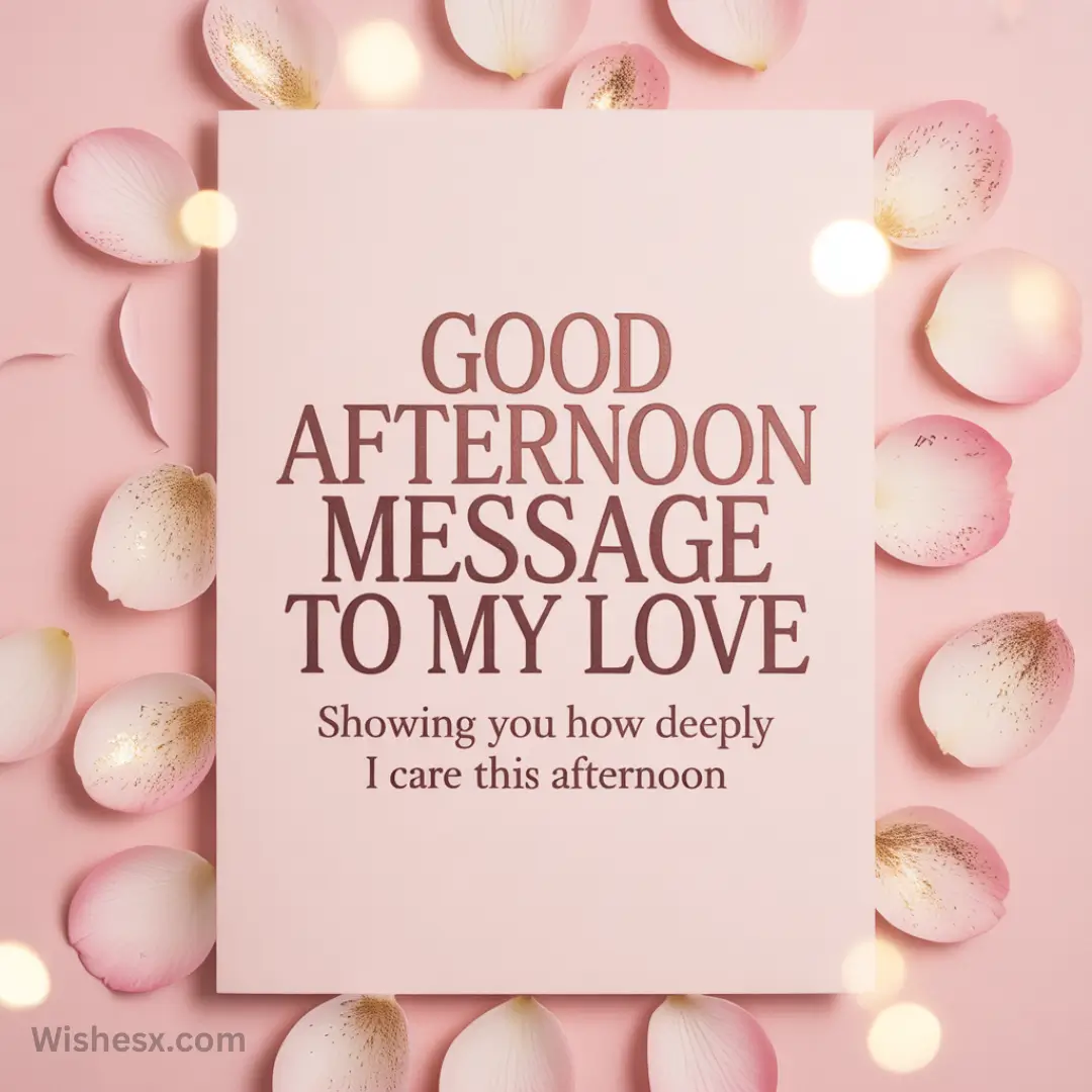 Pink card with the text "Good Afternoon Message to My Love" surrounded by soft, scattered rose petals. The tone is romantic and warm.