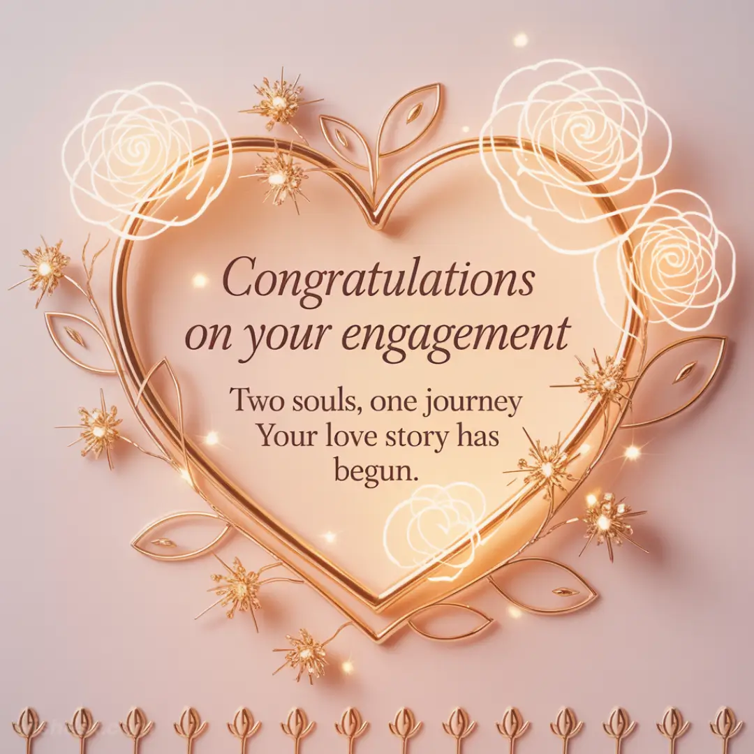 Romantic engagement card with a gold heart frame, floral accents, and glowing roses. Text: "Congratulations on your engagement. Two souls, one journey. Your love story has begun."