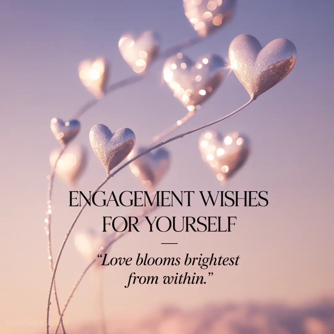 Romantic scene with glowing heart shapes on delicate stems against a soft pink-purple sky. Text reads "Engagement Wishes for Yourself: Love blooms brightest from within."