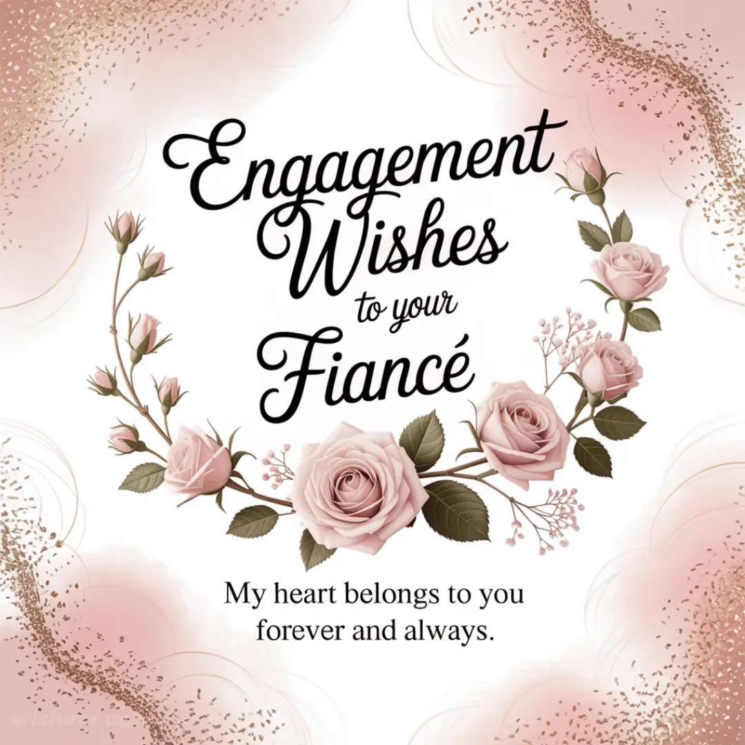 Engagement card with elegant script reading "Engagement Wishes to your Fiancé." Decorated with soft pink roses and gold glitter accents. Romantic tone.