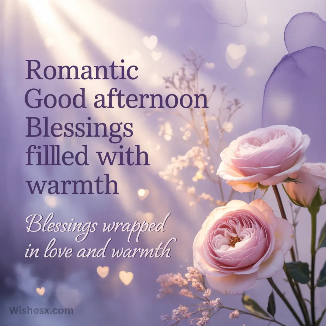 Purple-toned image of blooming roses and delicate branches. Text reads "Romantic Good afternoon Blessings filled with warmth" conveying a warm, loving tone. Hearts and soft light enhance the romantic theme.