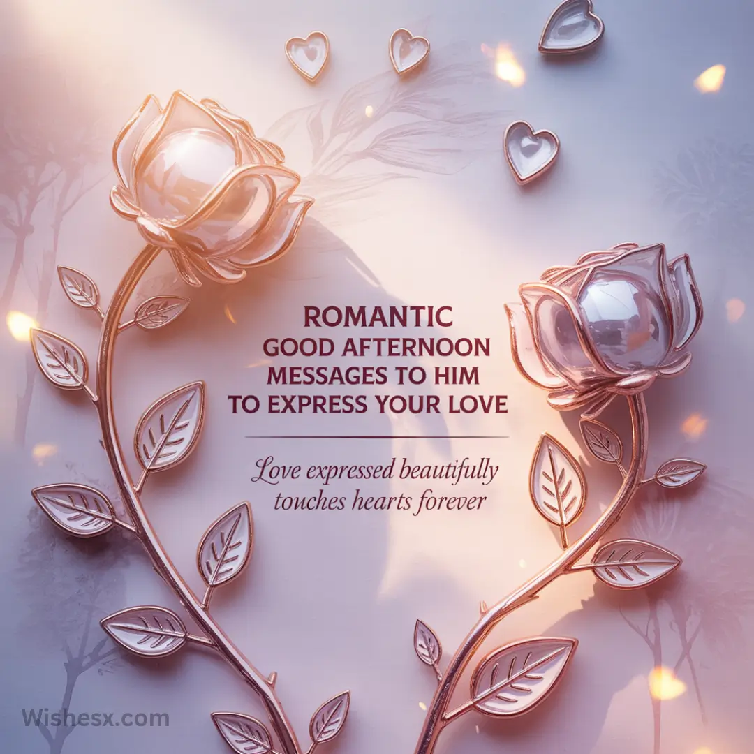 Two metallic roses with glowing petals frame romantic text on a soft background. Heart motifs float above, creating a warm, loving ambiance.