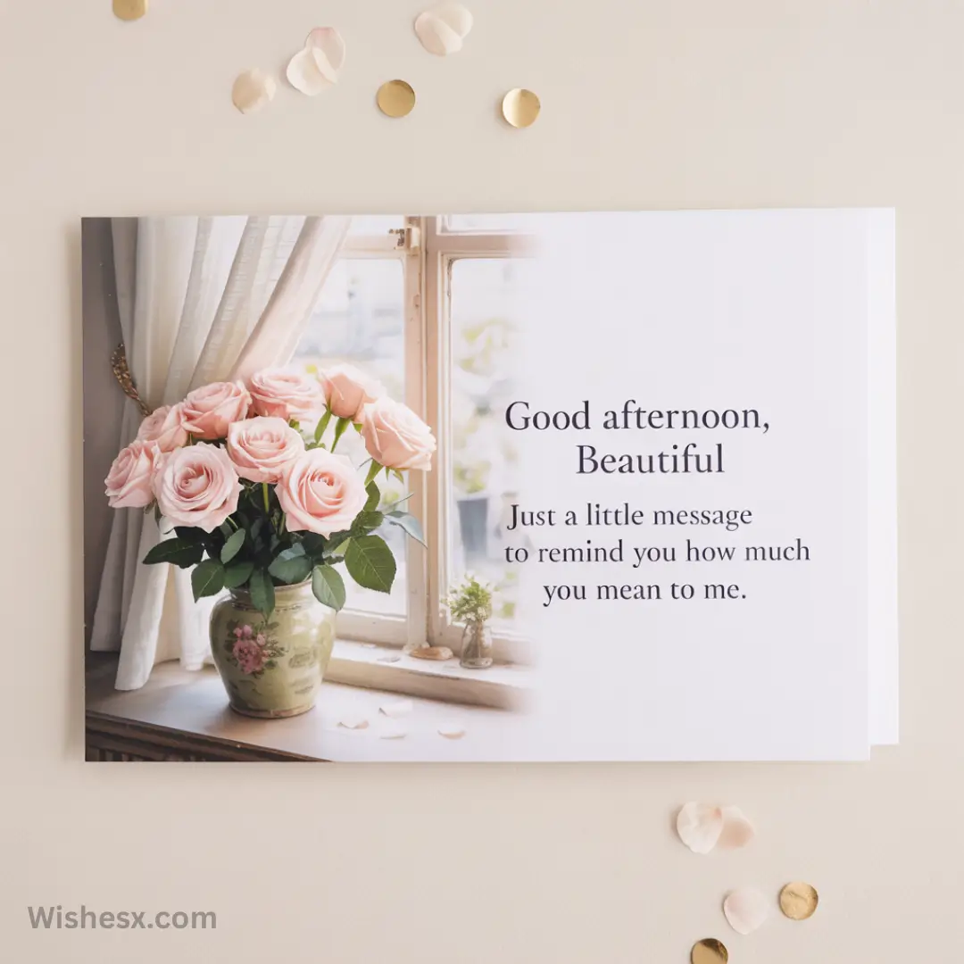 Elegant card with a bouquet of pink roses in a vase by a window. Text reads, "Good afternoon, Beautiful. Just a little message to remind you how much you mean to me."