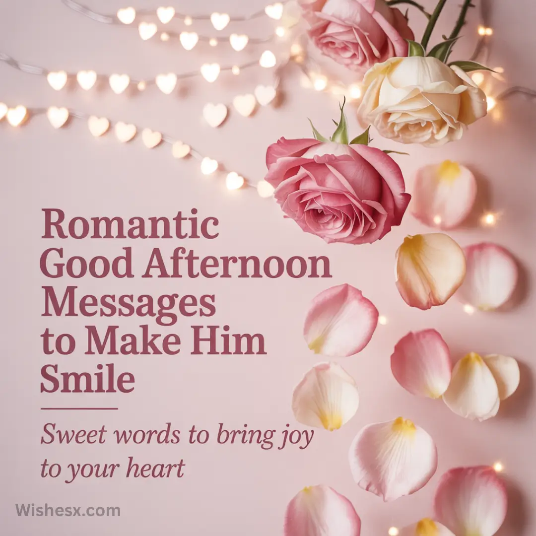 Pink roses and scattered petals with heart-shaped string lights on a soft pink background. Text reads, "Romantic Good Afternoon Messages to Make Him Smile."