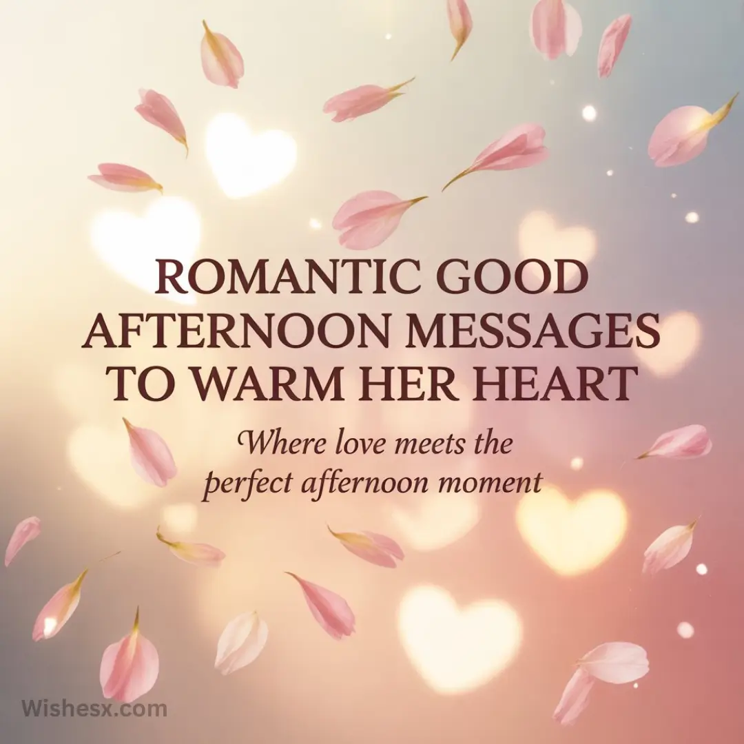 Soft gradient background with floating pink petals and glowing heart shapes. Text reads, "Romantic Good Afternoon Messages to Warm Her Heart."