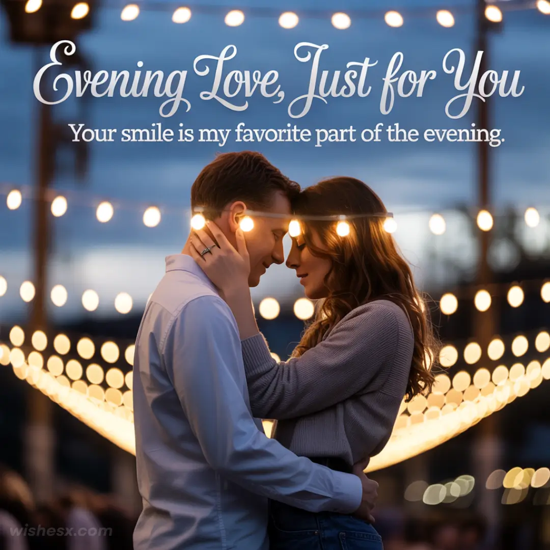 A couple embraces under warm string lights at dusk, creating a romantic atmosphere. The text reads, "Evening Love, Just for You. Your smile is my favorite part of the evening."