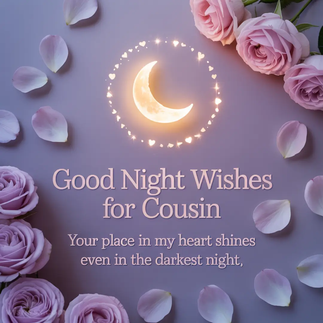 Romantic purple-toned image with pink roses and petals. A glowing crescent moon encircled by sparkles above heartfelt text wishing a cousin good night.