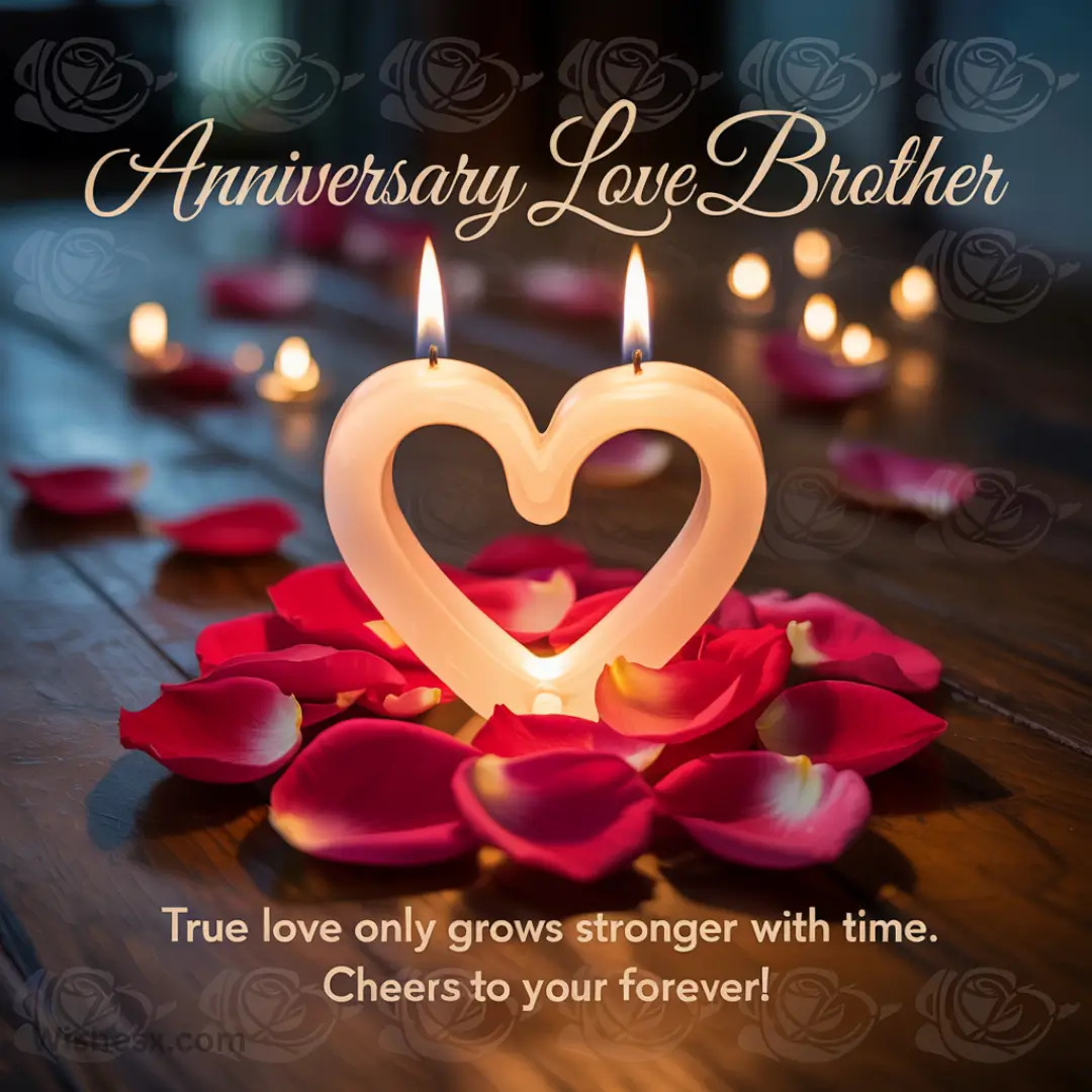 Heart-shaped candles surrounded by red rose petals on a wooden surface. Text reads, "Anniversary Love Brother; True love only grows stronger with time. Cheers to your forever!"