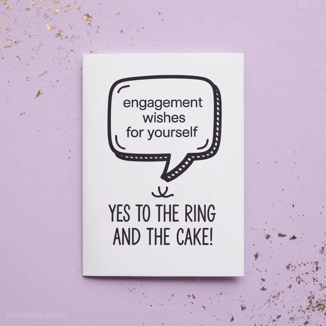 Engagement card on a pink background with gold accents. It features a speech bubble saying, "Engagement wishes for yourself," and text below, "YES TO THE RING AND THE CAKE!"