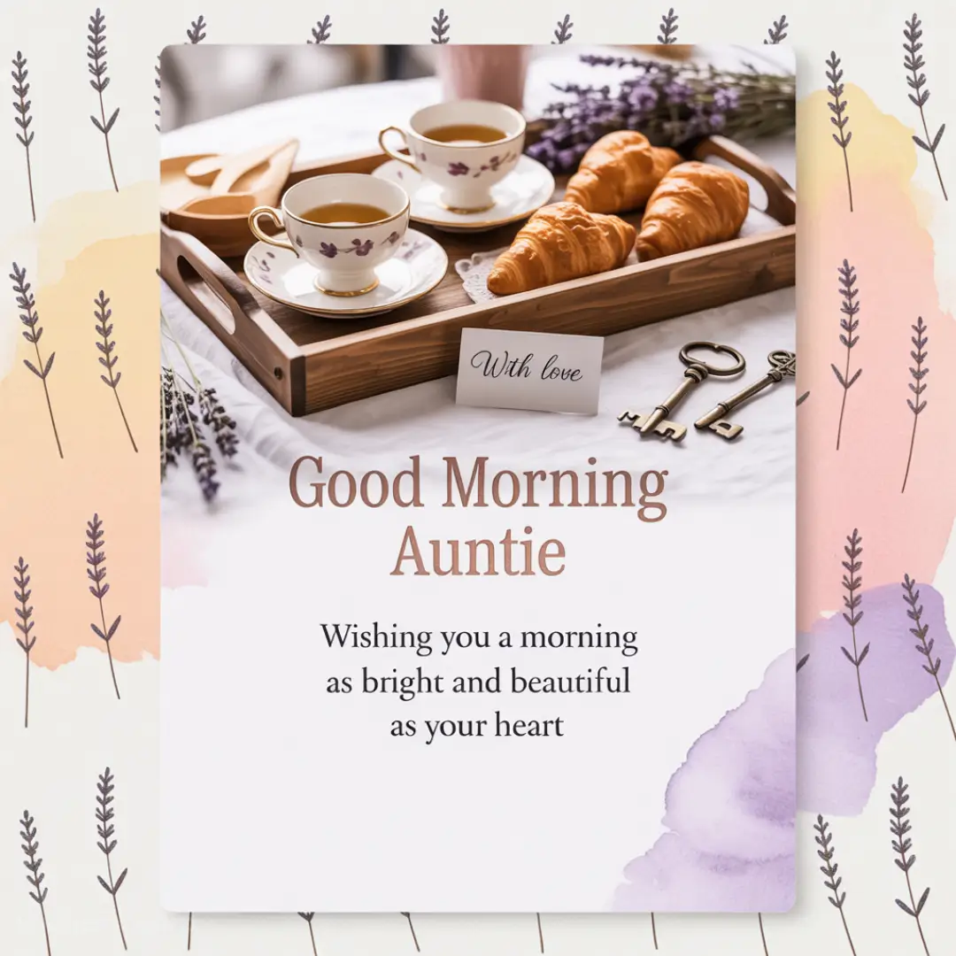 A cozy morning scene with tea cups and croissants on a tray, lavender sprigs, and vintage keys. Text: "Good Morning Auntie, wishing you a bright day."