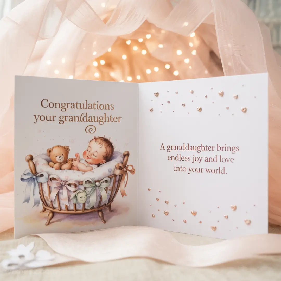 A greeting card with an illustration of a sleeping baby in a cradle with a teddy bear. Text reads, "Congratulations your granddaughter." Delicate hearts and soft lighting create a warm, loving atmosphere.