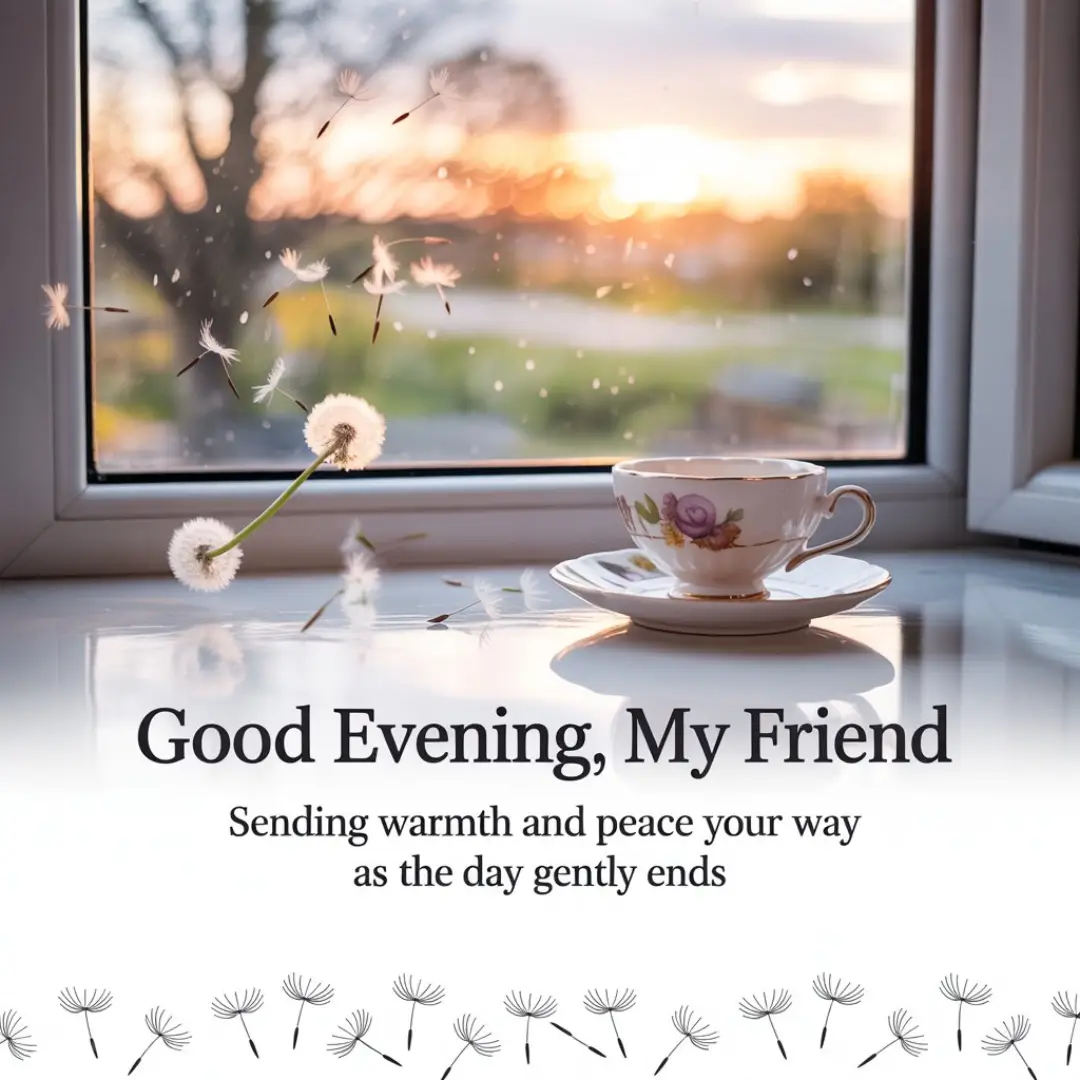 A delicate teacup with a floral design sits on a windowsill at sunset. Dandelion seeds float by. Text: "Good Evening, My Friend." Serene and warm.
