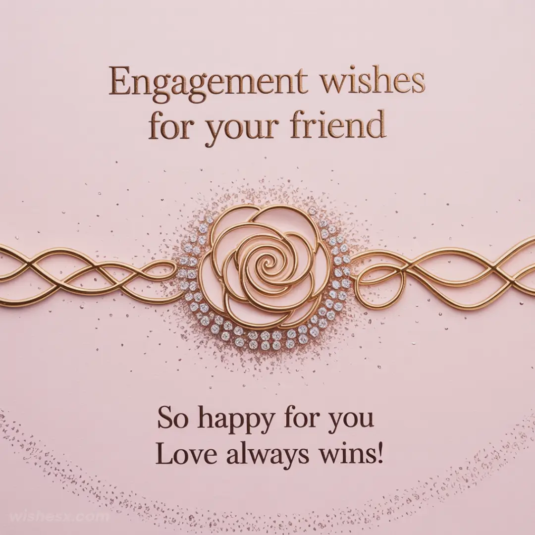 Engagement card with a gold rose and diamond design on a pink background. The text reads, "Engagement wishes for your friend. So happy for you, love always wins!"