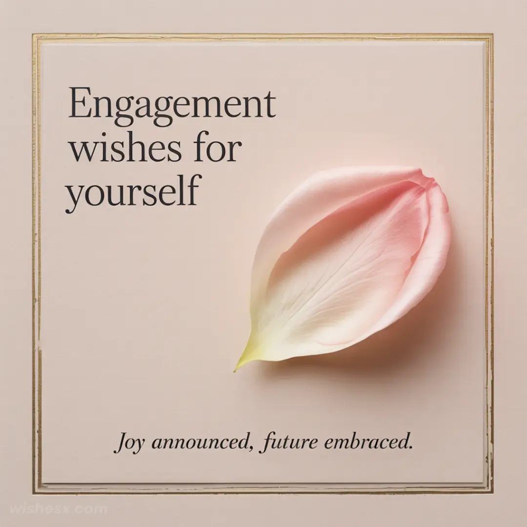 Elegant card with the text "Engagement wishes for yourself" and "Joy announced, future embraced." A delicate pink rose petal adorns the right side.