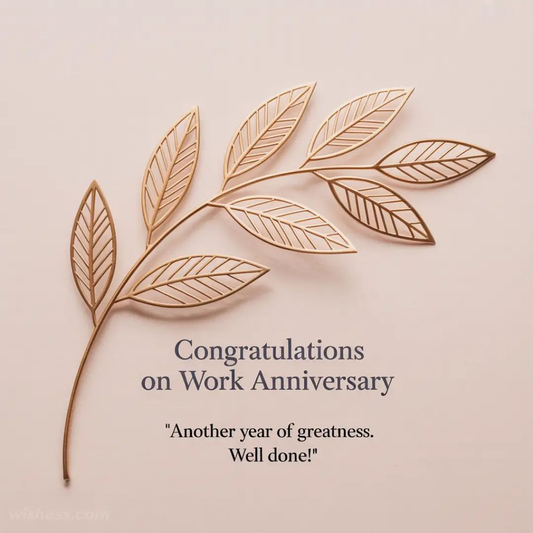 Elegant gold branches on a soft pink background with text: "Congratulations on Work Anniversary. Another year of greatness. Well done!" A tone of celebration and achievement.