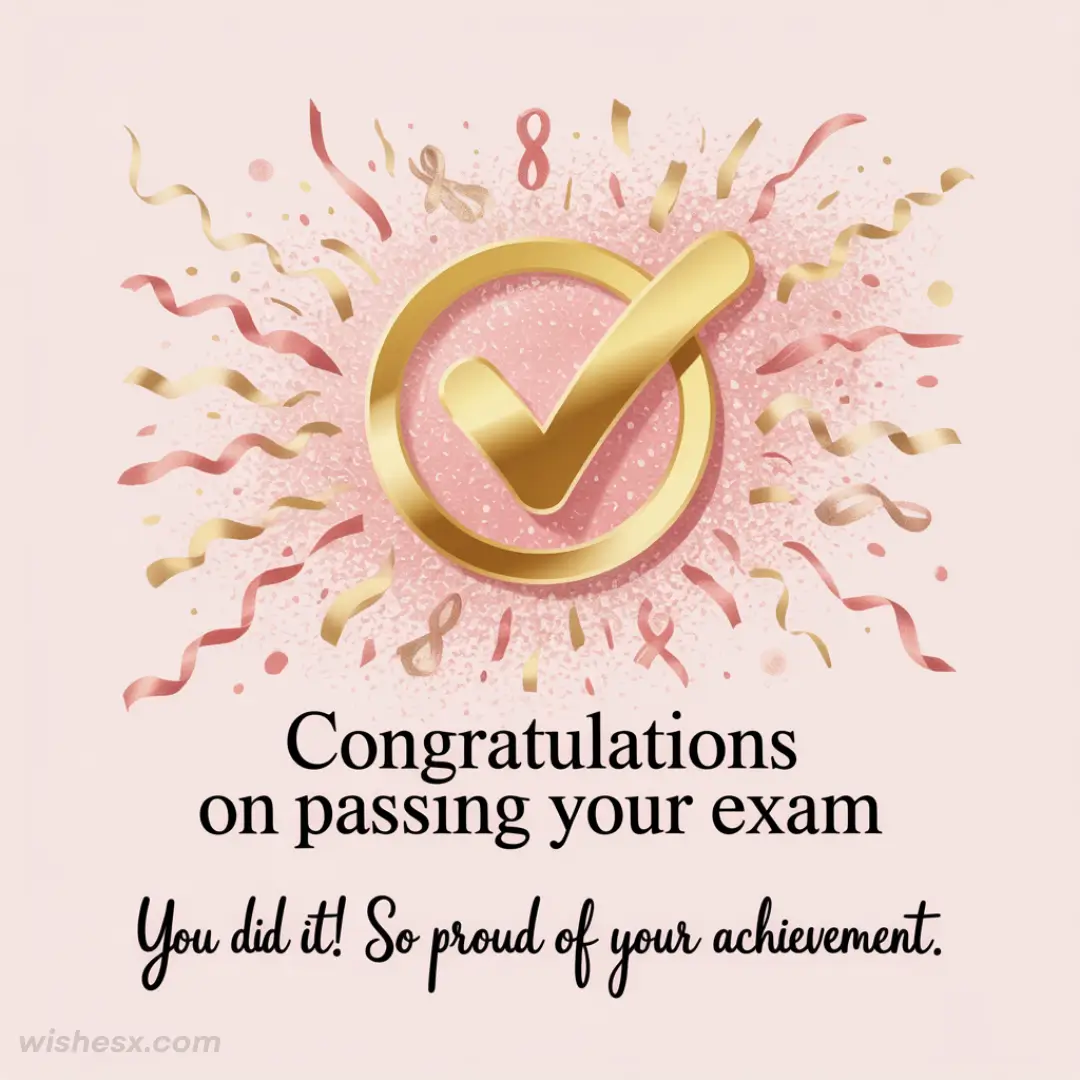 Golden checkmark with confetti and ribbons on a pink background. Message reads: "Congratulations on passing your exam. You did it! So proud of your achievement."