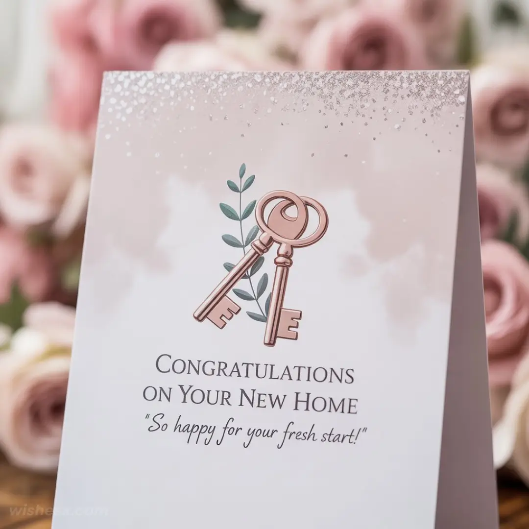 A pastel pink greeting card with illustrated keys and a leaf motif. Text reads, "Congratulations on Your New Home." Blurred pink roses in the background.