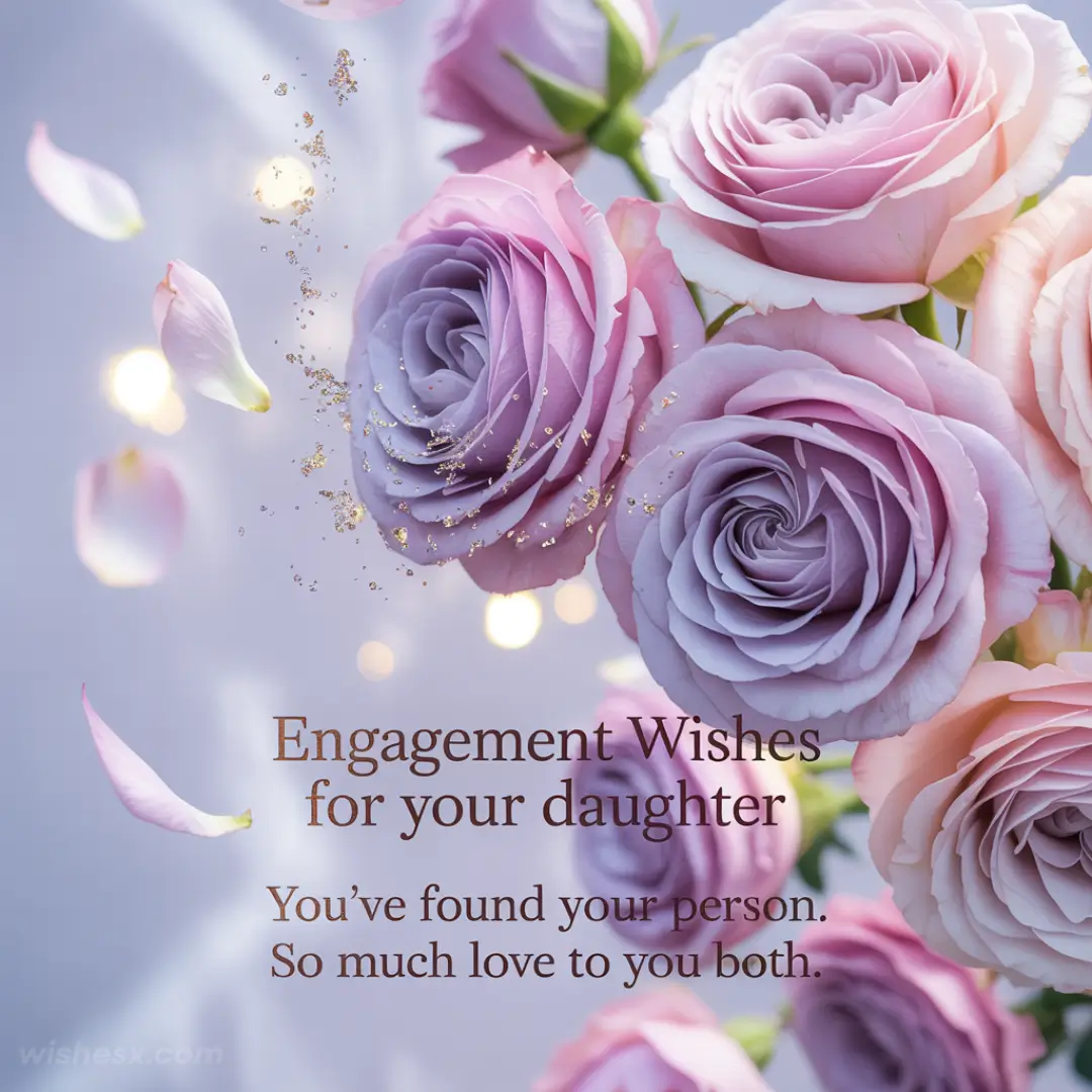 Bouquet of pink and lavender roses with floating petals and gold glitter. Text: "Engagement Wishes for your daughter. You’ve found your person. So much love to you both." Romantic and joyful atmosphere.