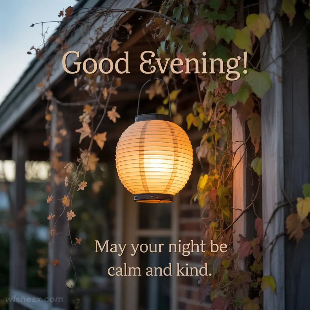 A warm, glowing lantern hangs surrounded by autumn leaves on a porch with the text "Good Evening! May your night be calm and kind."