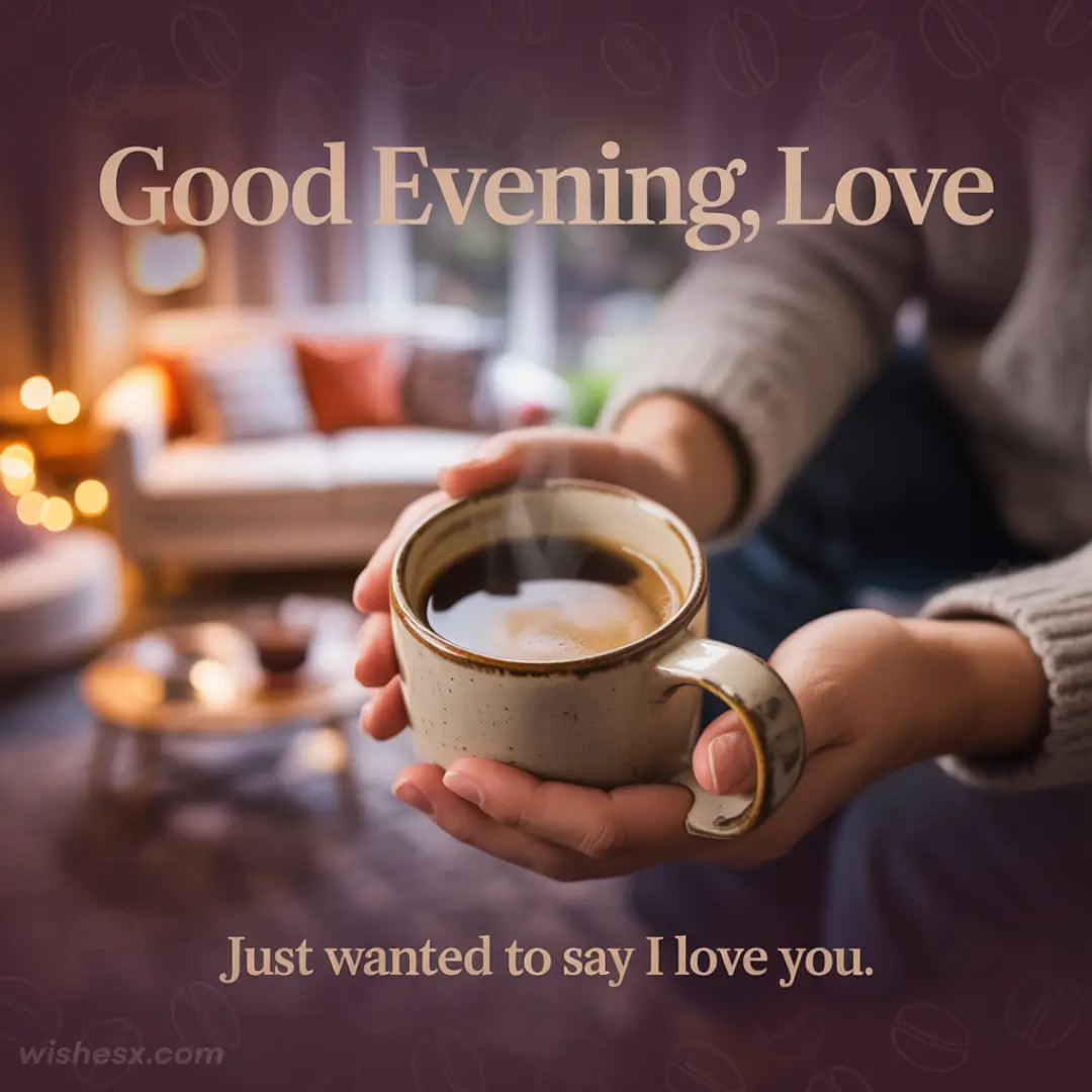 Cozy living room setting with a person holding a coffee mug. Text reads "Good Evening, Love" and "Just wanted to say I love you," creating a warm and loving vibe.