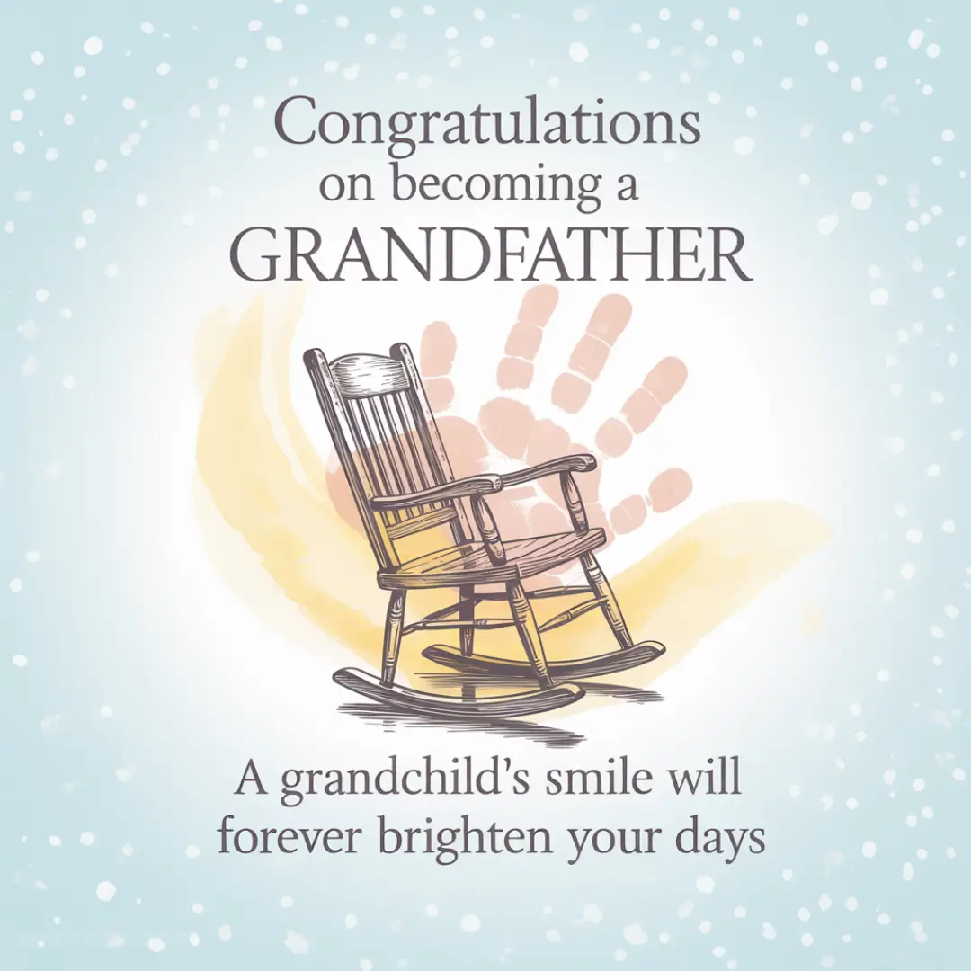 Congratulations card for new grandfathers featuring a wooden rocking chair and colorful handprints, conveying warmth and joy. Text reads: "Congratulations on becoming a GRANDFATHER. A grandchild's smile will forever brighten your days."