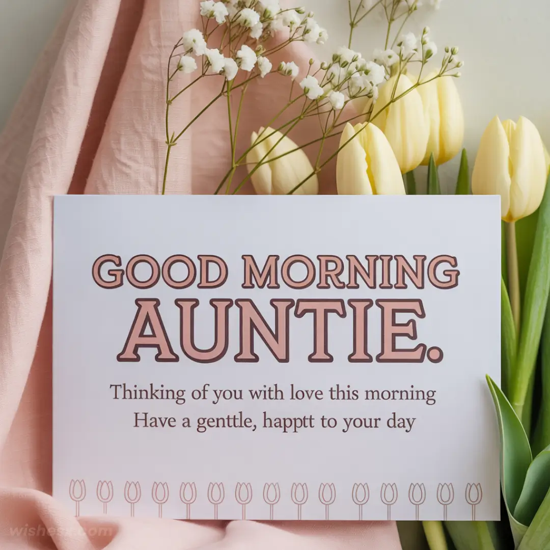Greeting card reading "Good Morning Auntie" rests on a pink fabric with yellow tulips and baby's breath. The card conveys warmth and love.