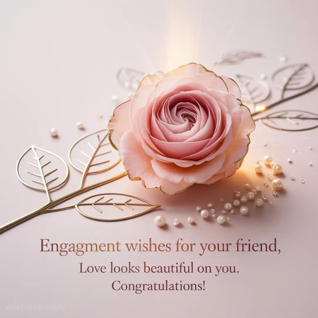 Pink rose and gold leaves on a soft pink background, with scattered pearls. The text reads: "Engagement wishes for your friend, love looks beautiful on you. Congratulations!"