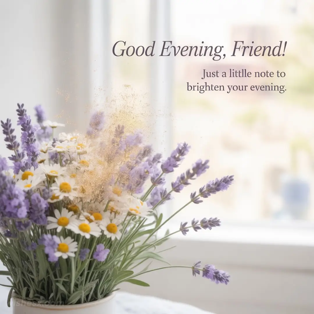 A bouquet of lavender and daisies on a white table with sunlight streaming through a window. Text reads, "Good Evening, Friend! Just a little note to brighten your evening."