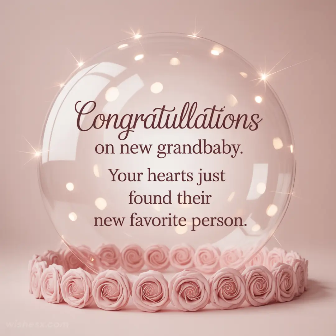 A delicate pink background with a clear bubble featuring celebratory text: "Congratulations on new grandbaby. Your hearts just found their new favorite person." The bubble is surrounded by pink roses.