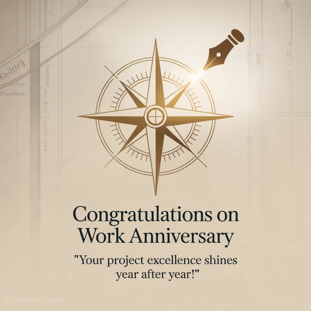 A compass with a quill symbolizes guidance; text reads, "Congratulations on Work Anniversary. 'Your project excellence shines year after year!'" Elegant and celebratory tone.
