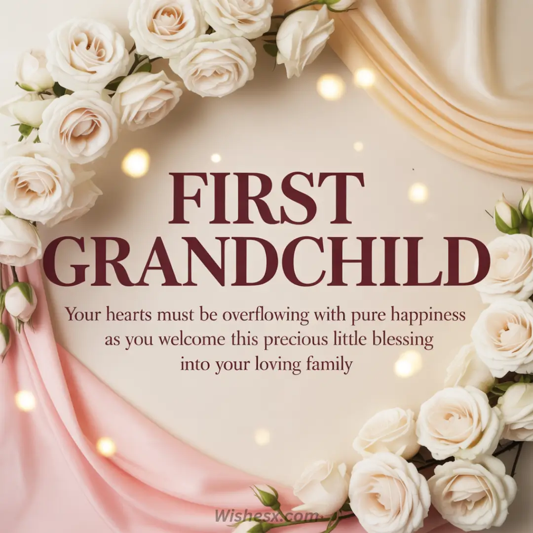 Elegant card with white roses framing text: "First Grandchild." Message conveys joy and love, celebrating a new addition to the family. Warm, soft colors.