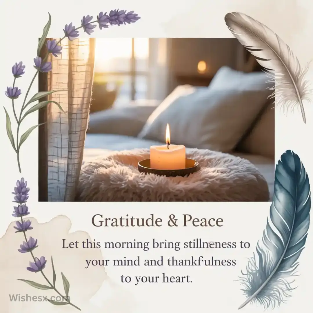 A cozy scene with a lit candle on a fluffy surface near a warm window. Surrounding elements include lavender sprigs and feathers. Text reads: "Gratitude & Peace. Let this morning bring stillness to your mind and thankfulness to your heart." The overall tone is calming and serene.