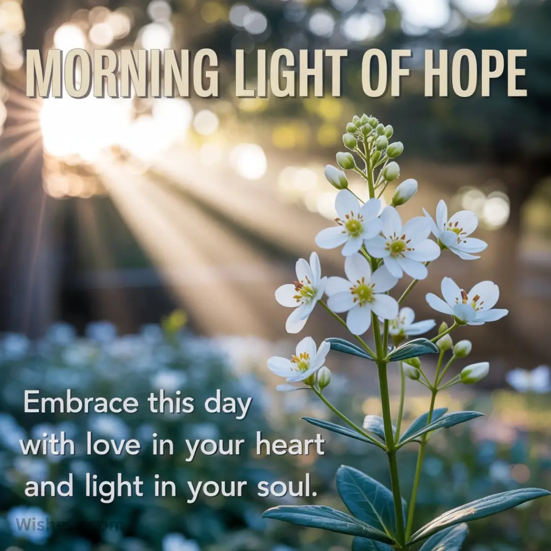 Sunny morning scene with white flowers in focus, soft sunlight streaming through trees, and the words "Morning Light of Hope" and an inspirational message below.