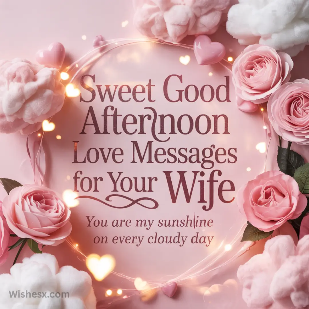 A romantic message on a pink background with pink roses, heart lights, and fluffy clouds. Text reads "Sweet Good Afternoon Love Messages for Your Wife. You are my sunshine on every cloudy day."