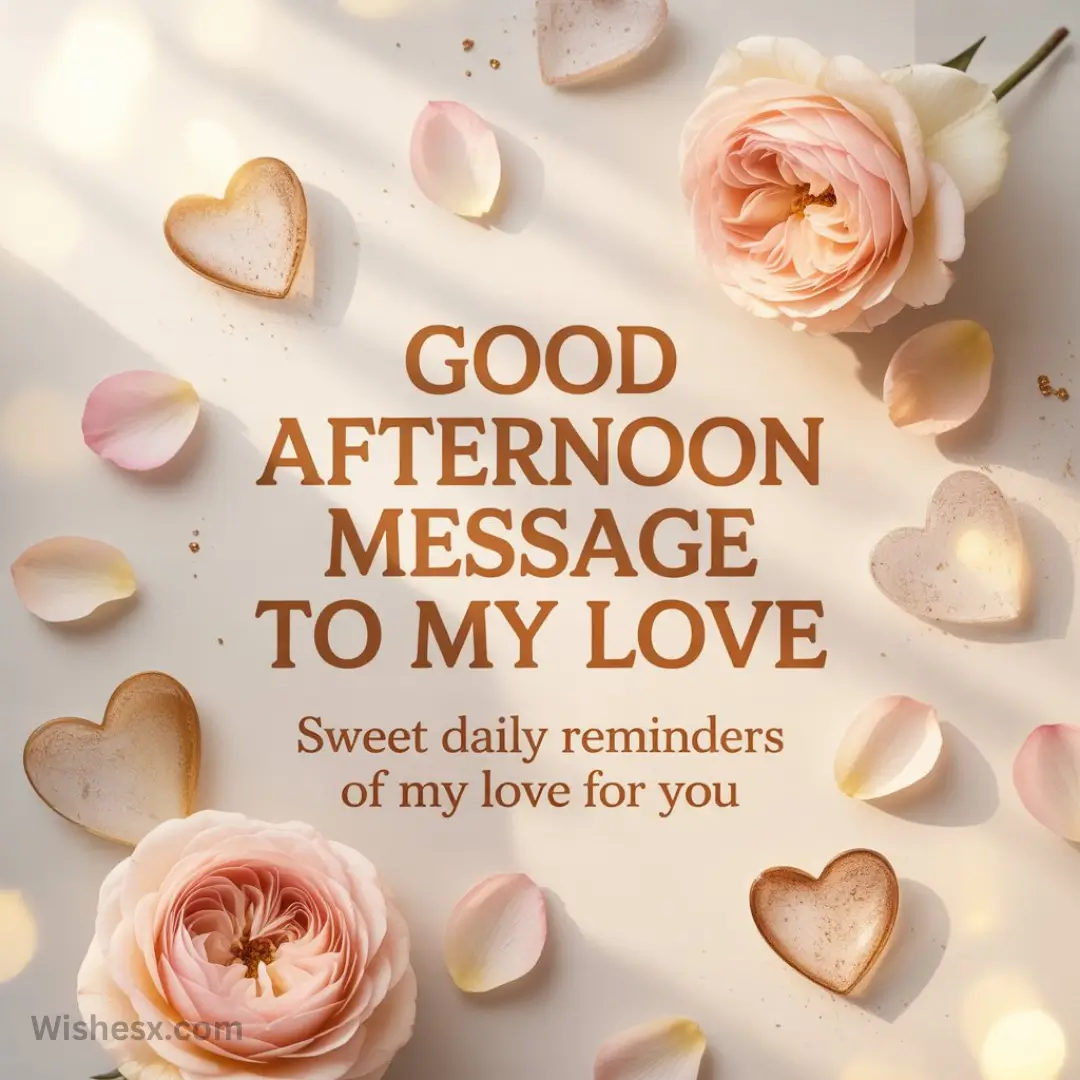 Delicate pink roses and heart-shaped cookies surround the message "Good afternoon message to my love" on a soft, light background. Romantic and warm.
