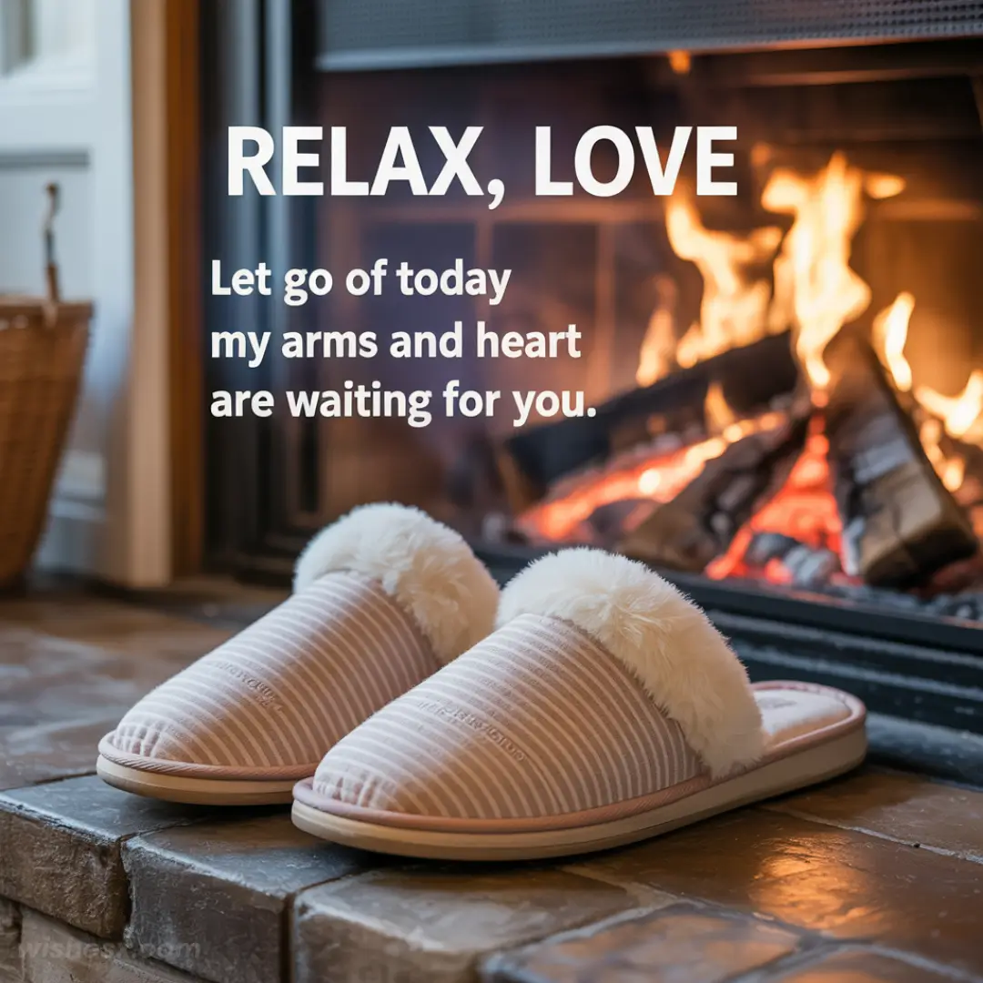 Cozy slippers on a hearthstone beside a crackling fire. Text reads: "Relax, love. Let go of today, my arms and heart are waiting for you." Warm, inviting tone.