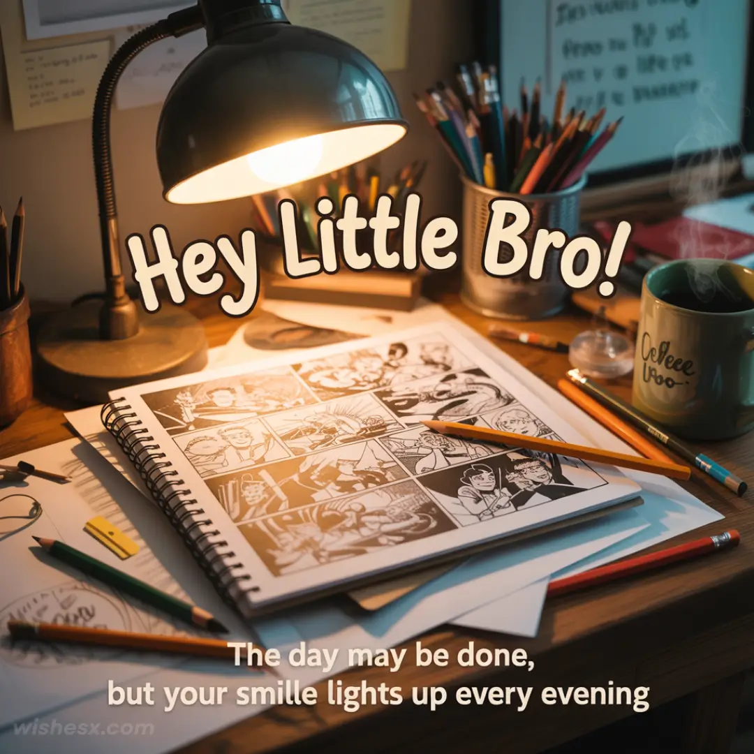 Cozy desk scene with a lit lamp, sketchbook showing comic art, colored pencils, and a steaming mug labeled "Coffee Bro." Text reads "Hey Little Bro!" conveying warmth.