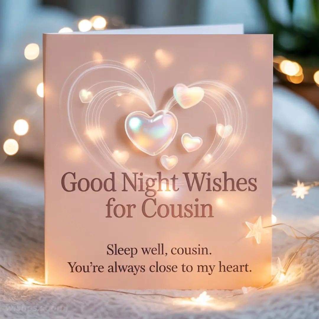 A card with glowing hearts and a message, "Good Night Wishes for Cousin. Sleep well, cousin. You’re always close to my heart," conveys warmth and affection.
