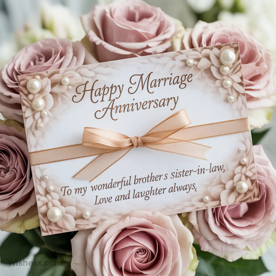 A card with a pink ribbon and pearl accents with text "Happy Marriage Anniversary" is surrounded by soft pink roses, conveying elegance and celebration.
