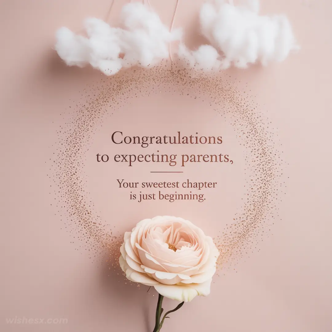 Pink-toned card with white clouds and a single rose. Text reads, "Congratulations to expecting parents, your sweetest chapter is just beginning." Gentle and joyful tone.