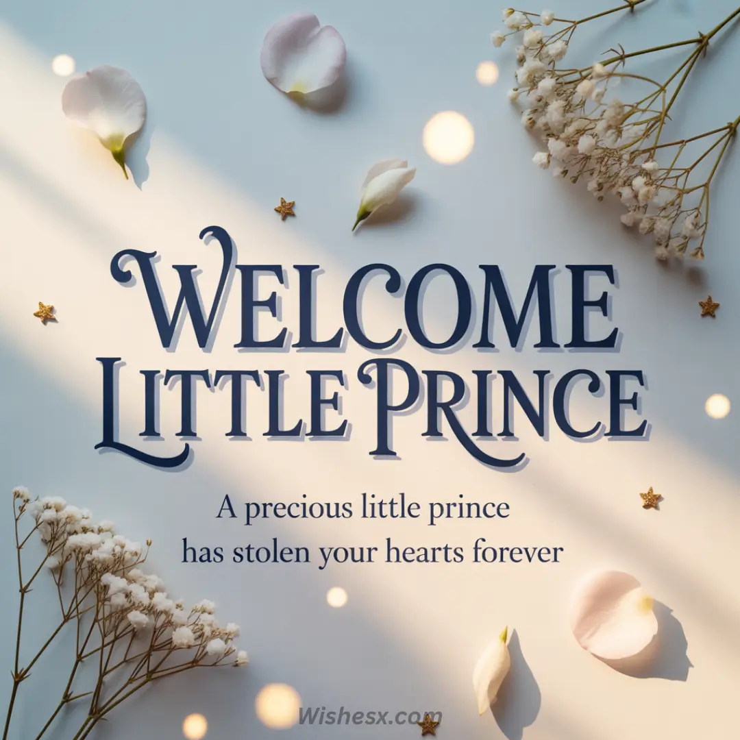 Festive "Welcome Little Prince" card with elegant text, surrounded by soft pink petals, delicate baby's breath, and small gold star confetti. Warm and joyful tone.