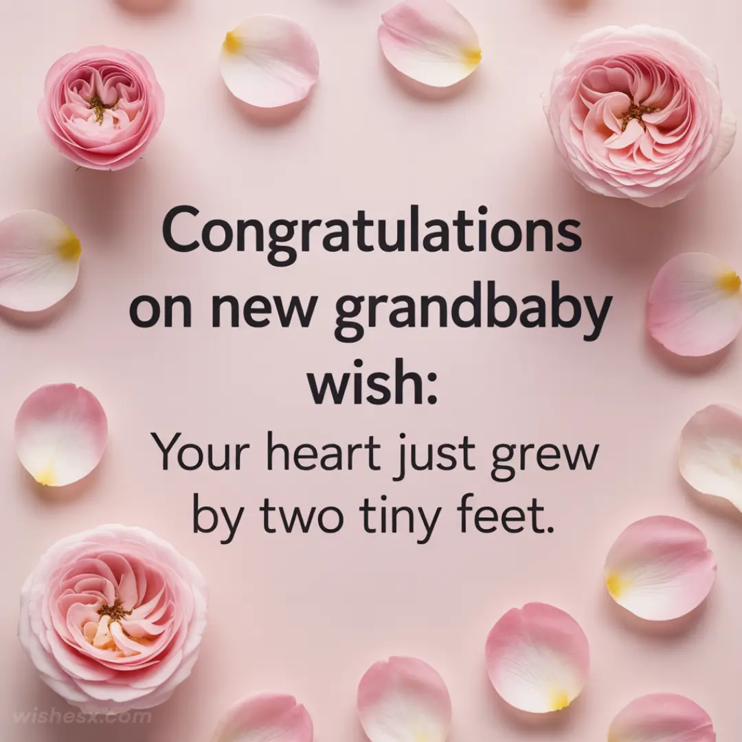Pink background with rose petals and full blooms surrounding congratulatory text for a new grandbaby: "Your heart just grew by two tiny feet."