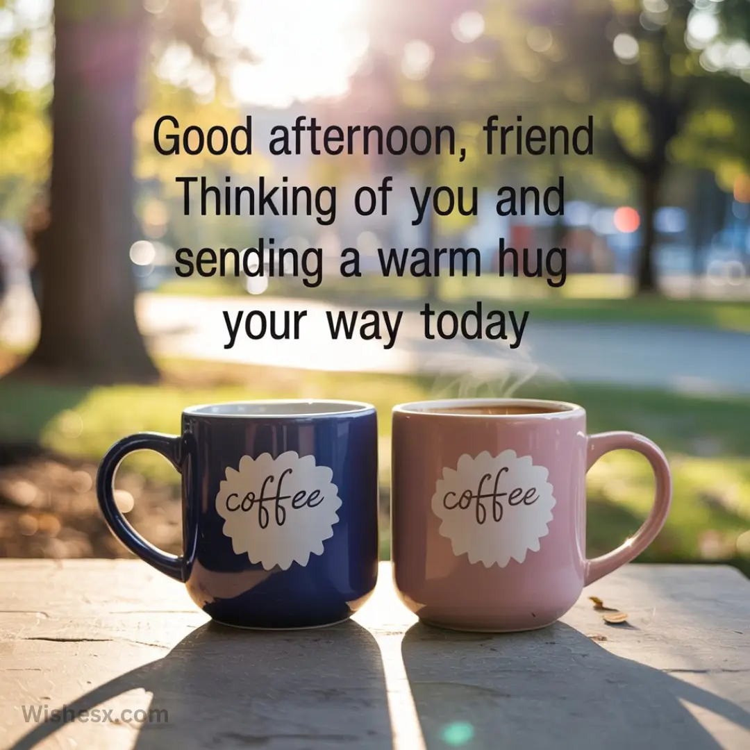 Two steaming coffee mugs, one blue and one pink, sit outdoors on a table. Sunlight filters through trees, creating a warm, cheerful atmosphere. Text reads: "Good afternoon, friend. Thinking of you and sending a warm hug your way today."