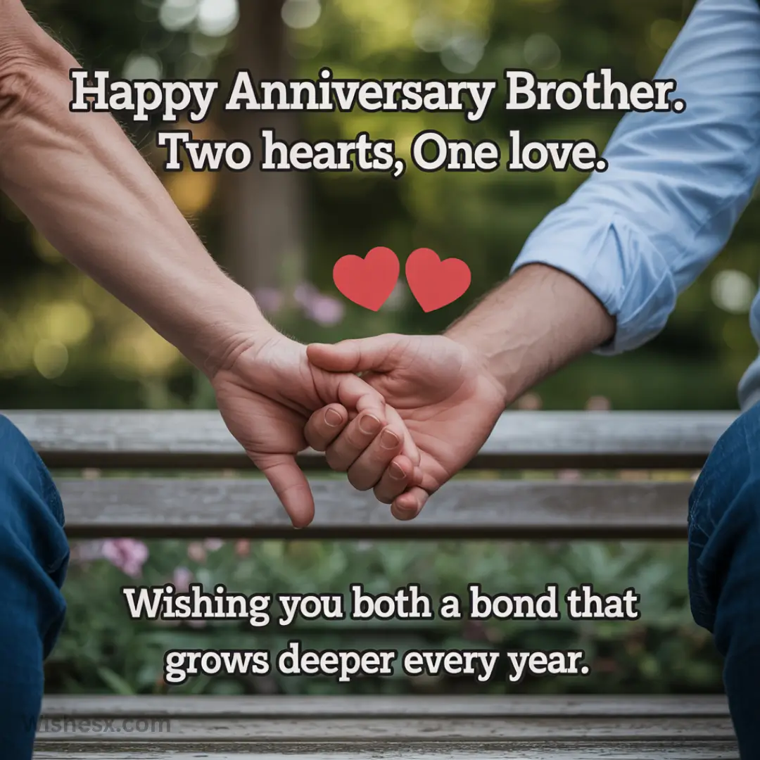 Two people hold hands on a wooden bench, surrounded by greenery. Text reads, "Happy Anniversary Brother. Two hearts, One love. Wishing you both a bond that grows deeper every year." Two red hearts enhance the message.