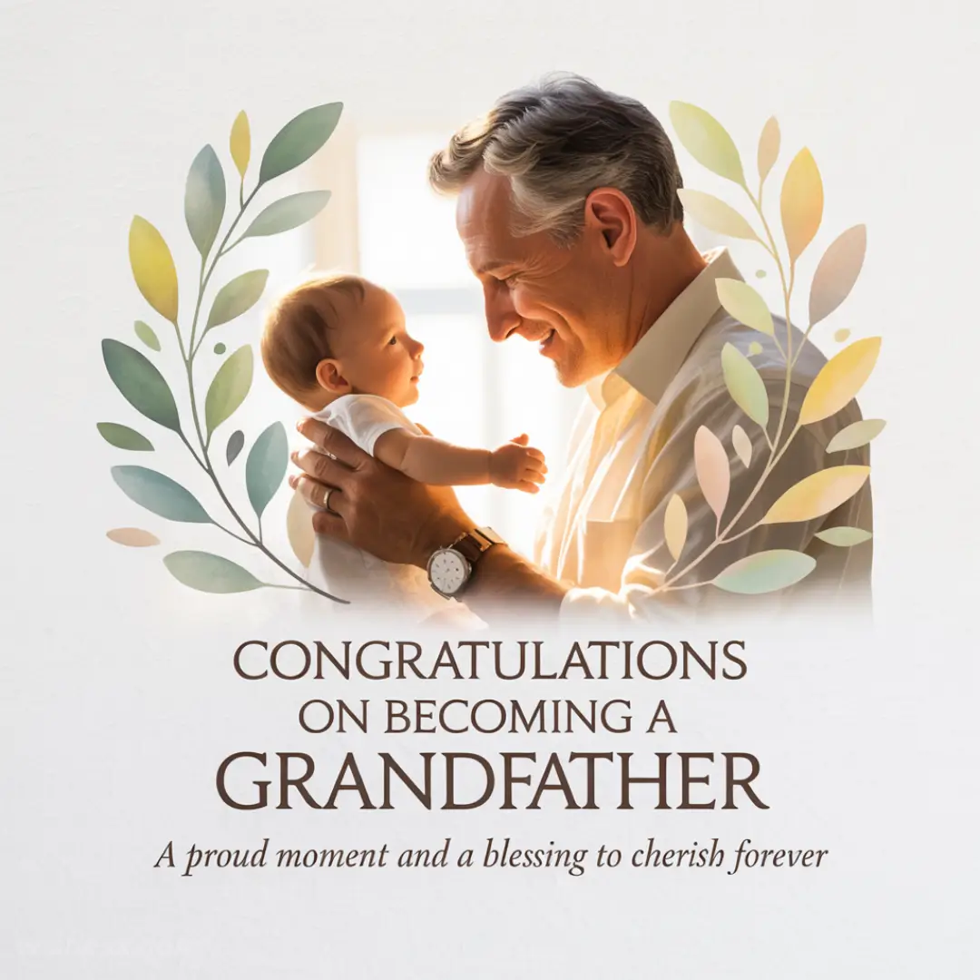 An elderly man smiling joyfully at an infant, surrounded by gentle pastel leaves. Text reads: "Congratulations on becoming a grandfather." Warm and tender scene.